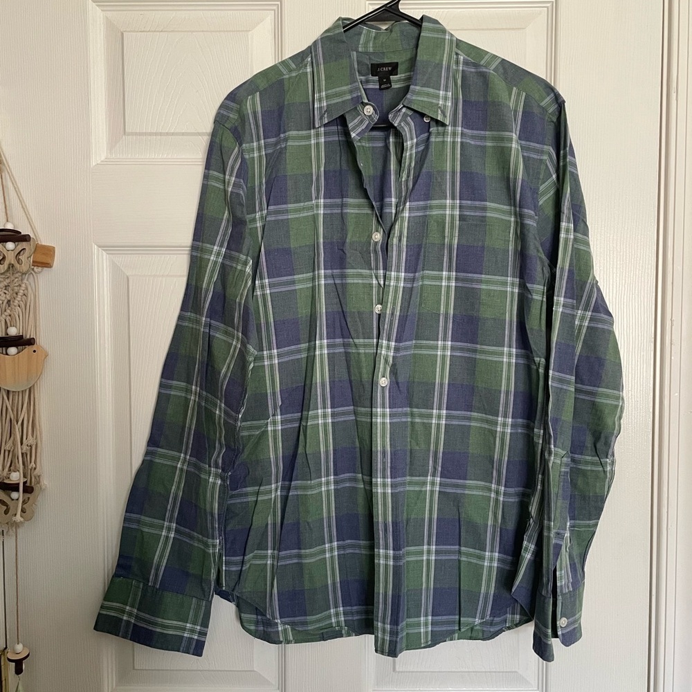J. Crew 100% Cotton Casual Green & Blue Checkered Button Down Shirt size Medium